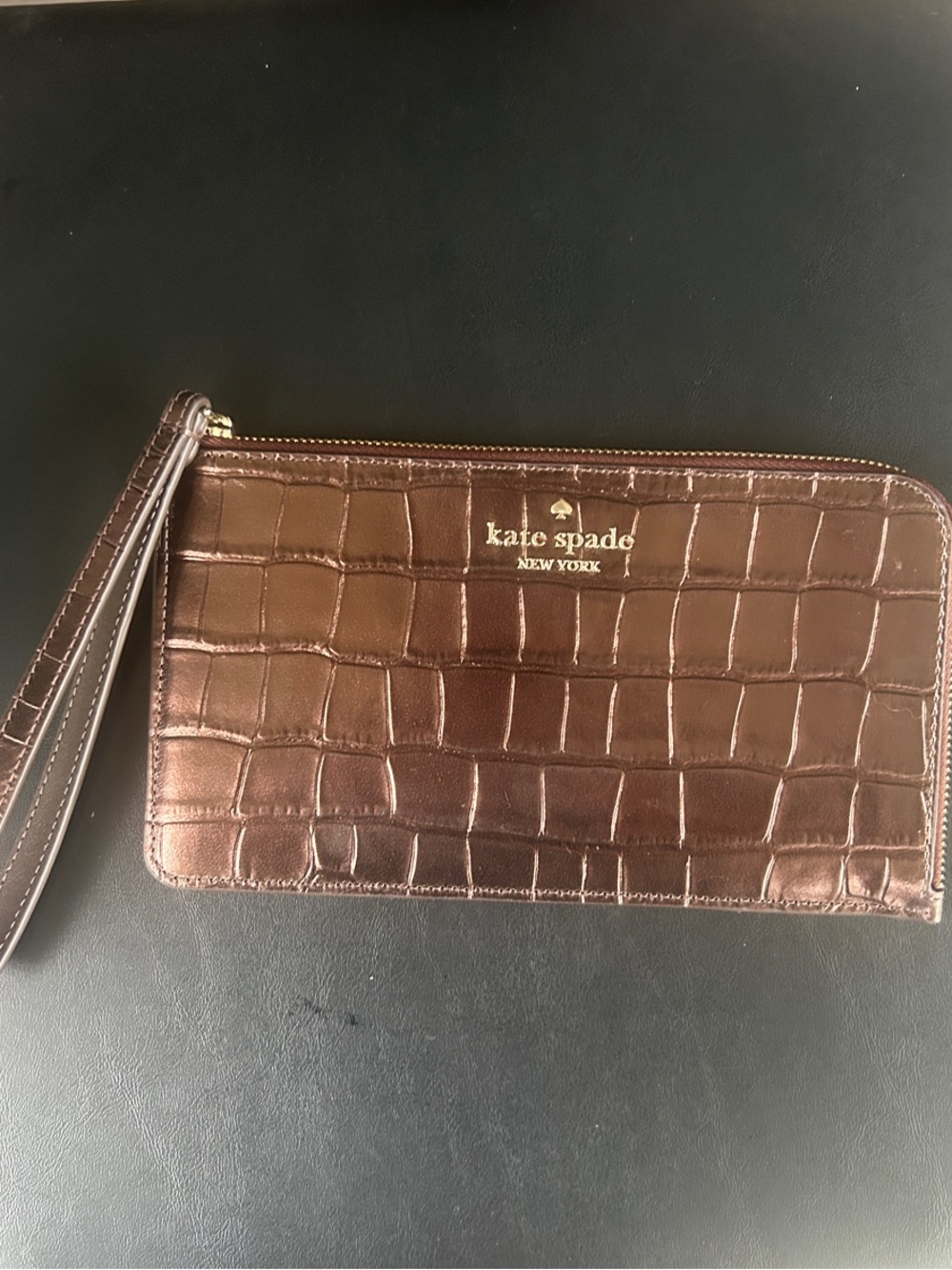 kate spade Croc-Embossed Metallic Wristlet in Bronze Brown (hot fudge)